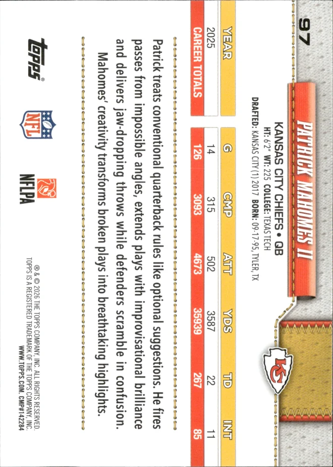 Patrick Mahomes II card back