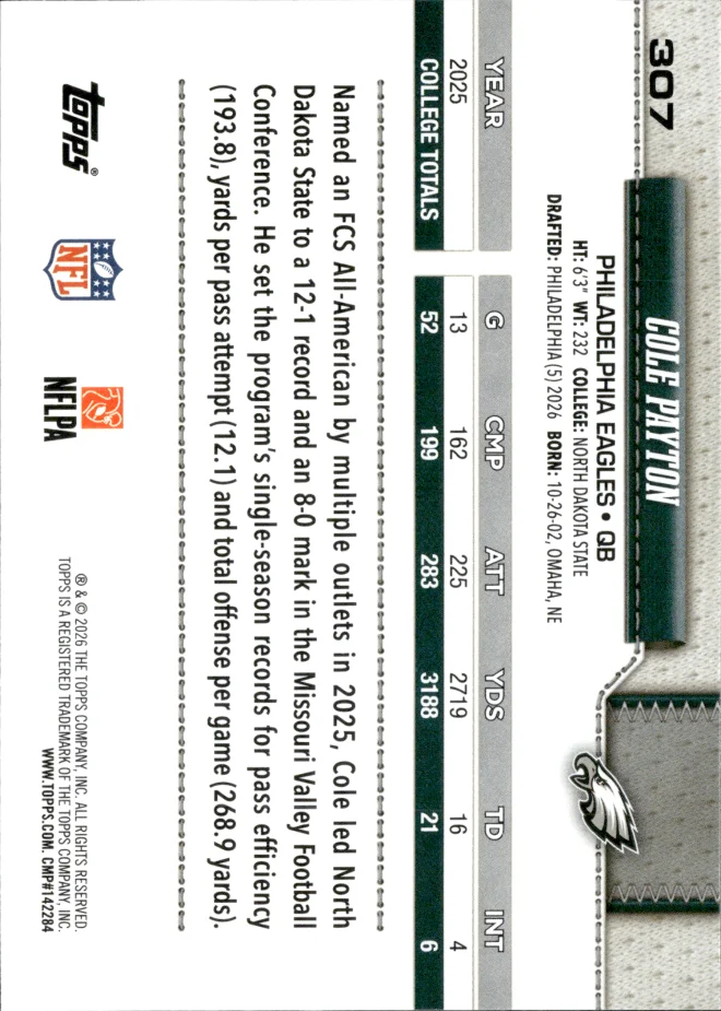 Cole Payton card back