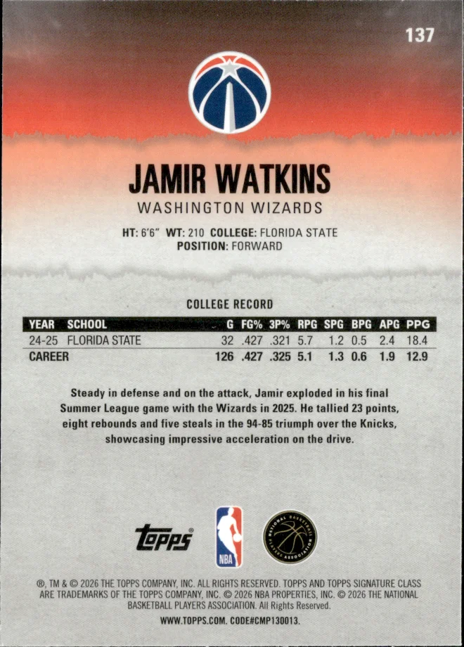 Jamir Watkins card back