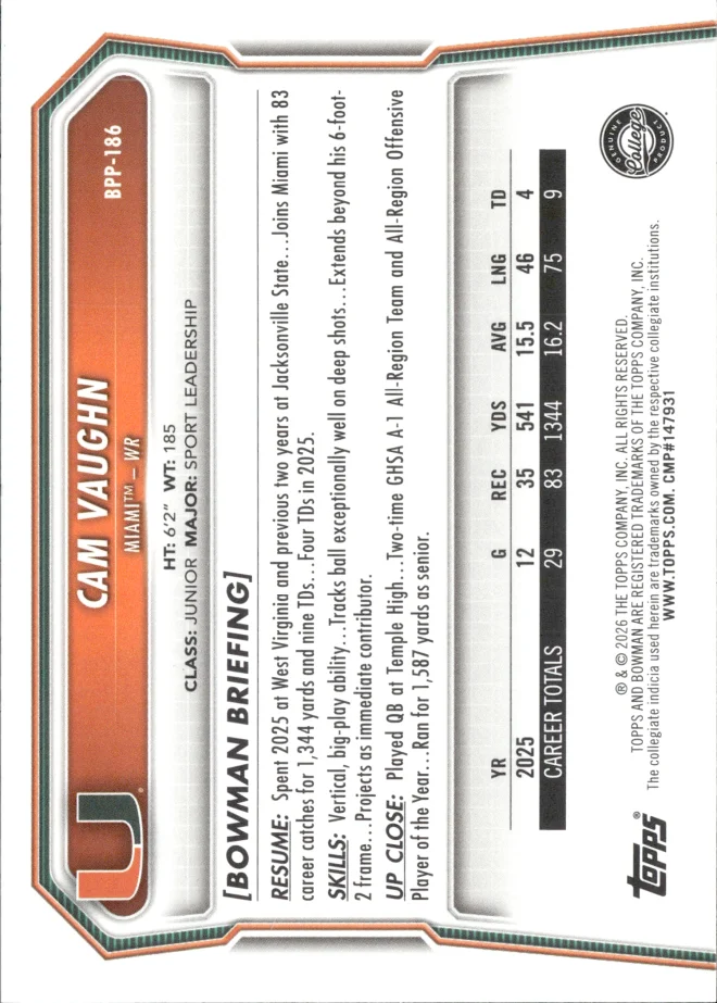 Cam Vaughn card back