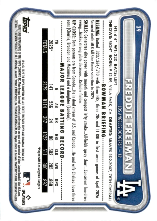 Freddie Freeman card back
