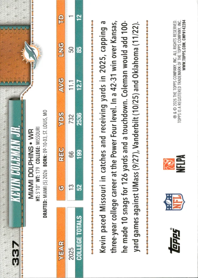 Kevin Coleman Jr. card back