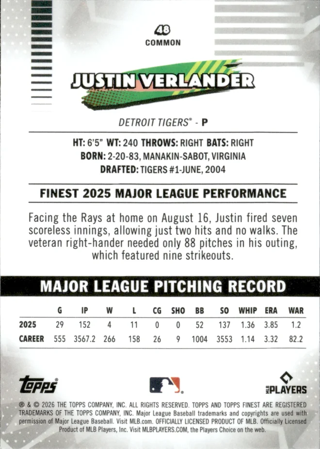 Justin Verlander card back