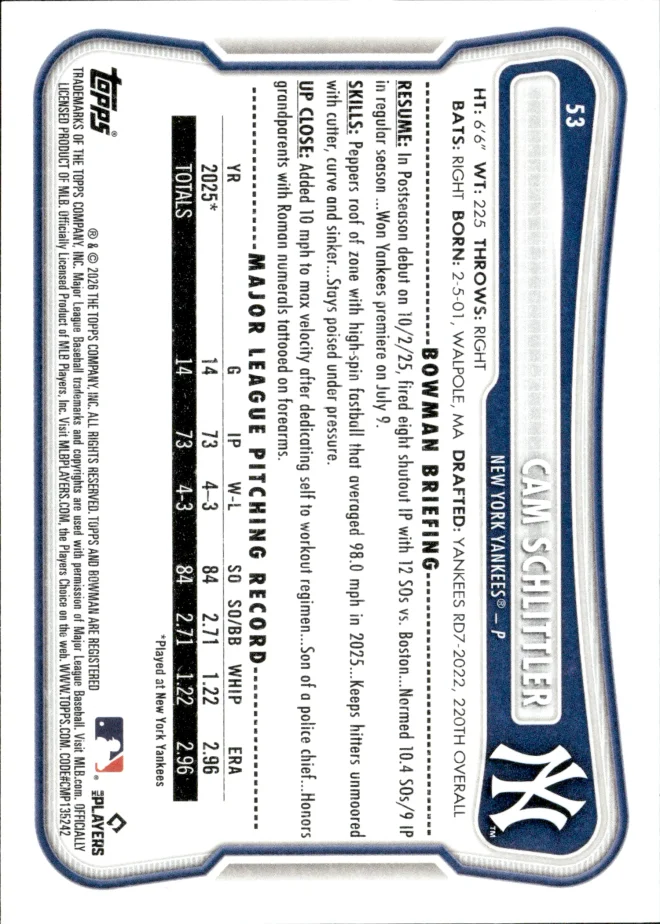 Cam Schlittler card back