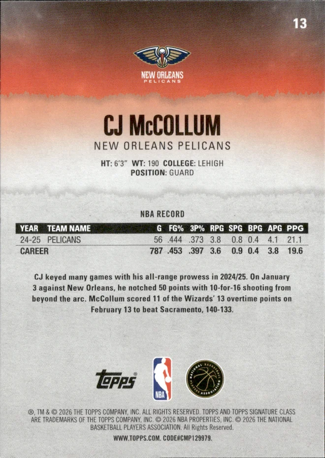 CJ McCollum card back