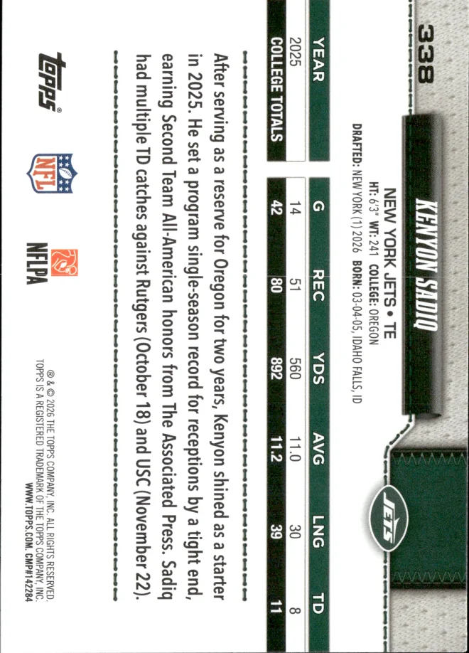 Kenyon Sadiq card back