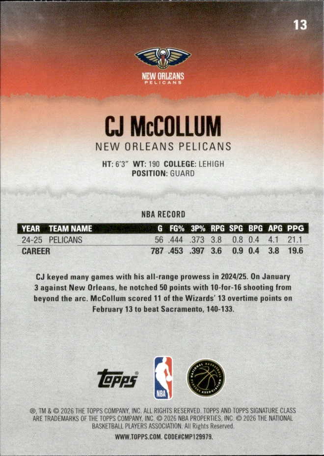 CJ McCollum card back