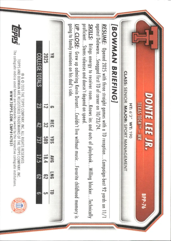 Donte Lee Jr. card back