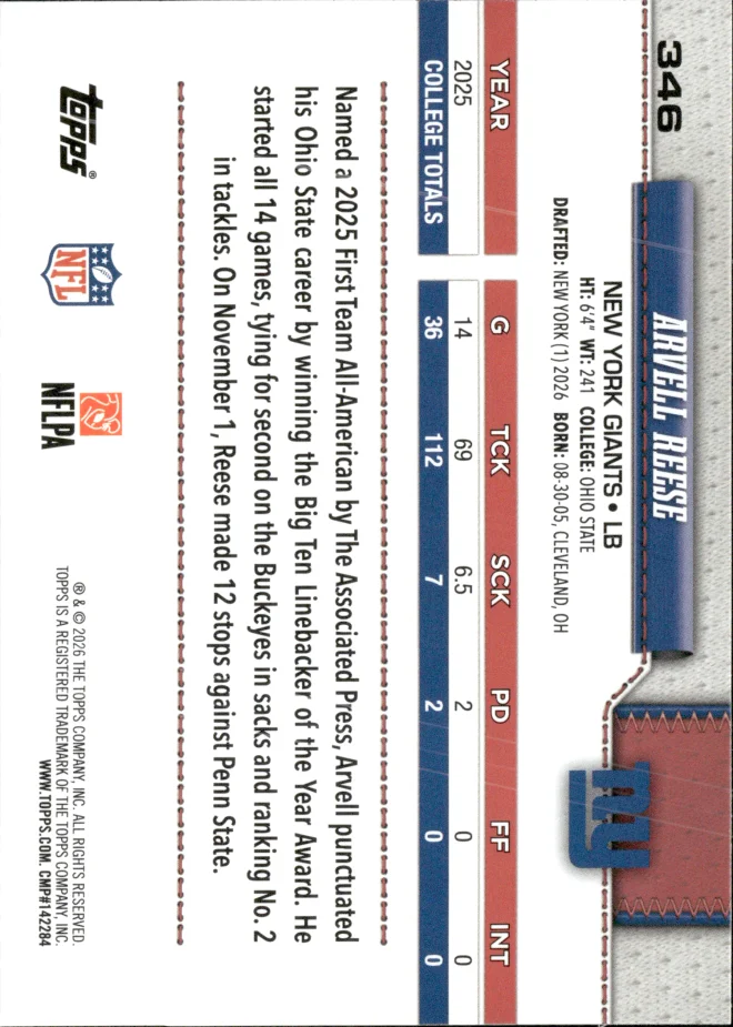 Arvell Reese card back