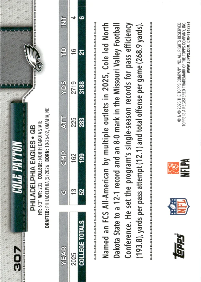 Cole Payton card back