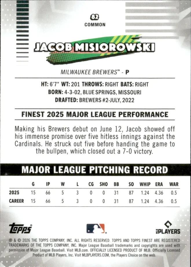 Jacob Misiorowski card back
