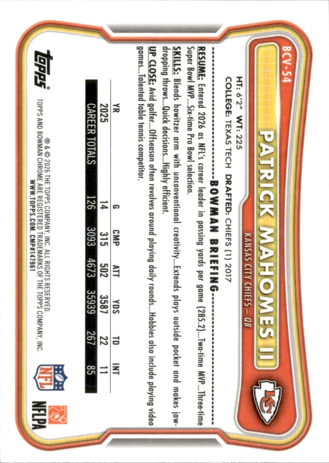 Patrick Mahomes II card back