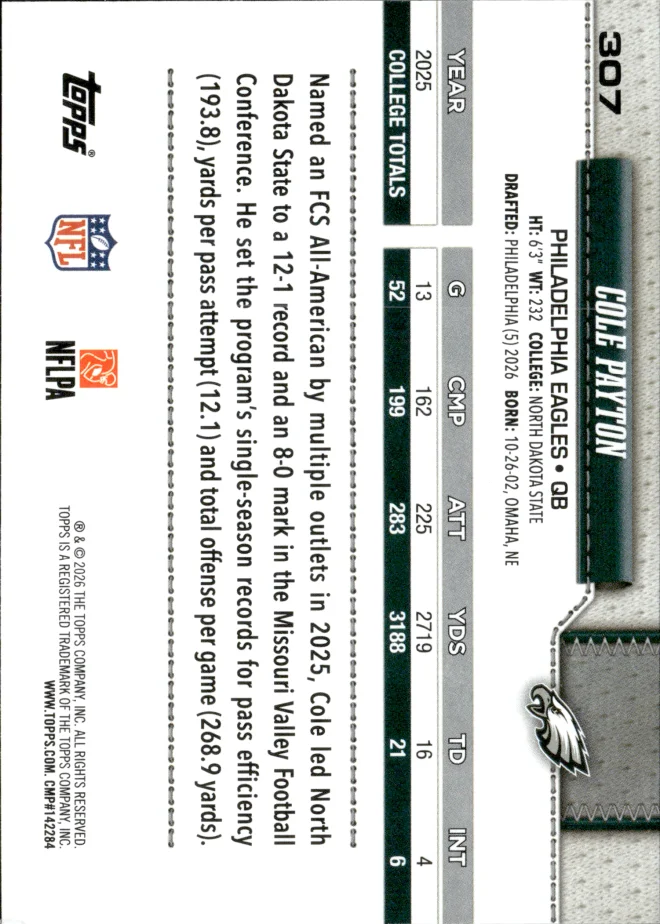 Cole Payton card back