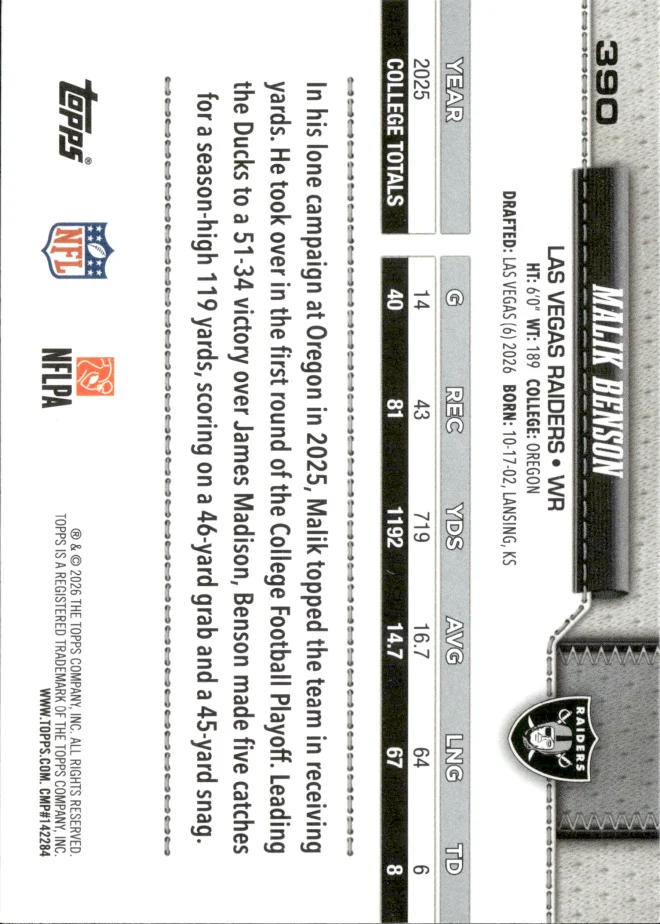 Malik Benson card back