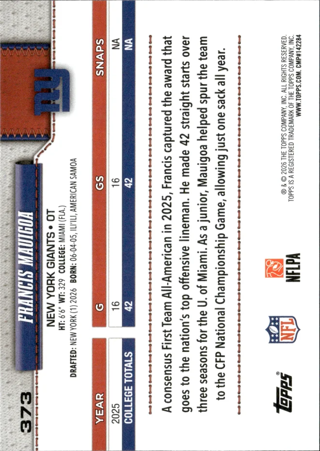 Francis Mauigoa card back