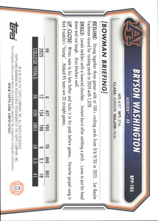 Bryson Washington card back