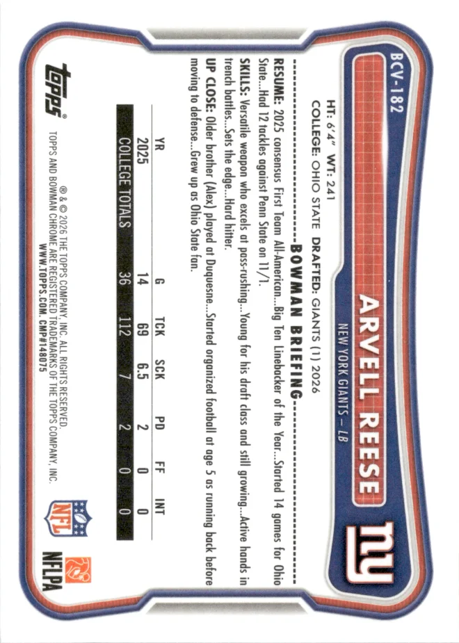 Arvell Reese card back
