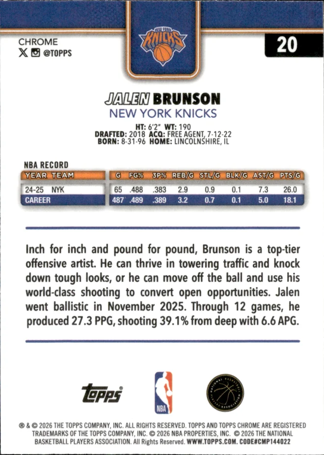 Jalen Brunson card back