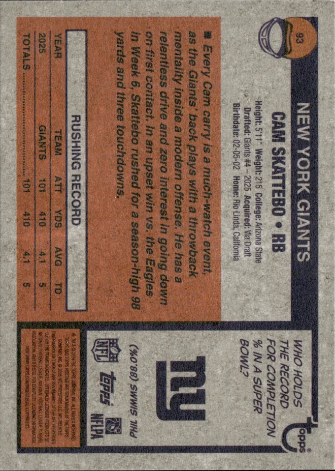 Cam Skattebo card back