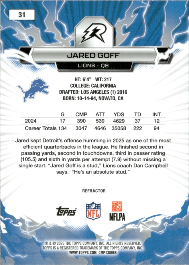 Jared Goff card back