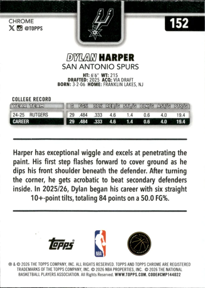 Dylan Harper card back