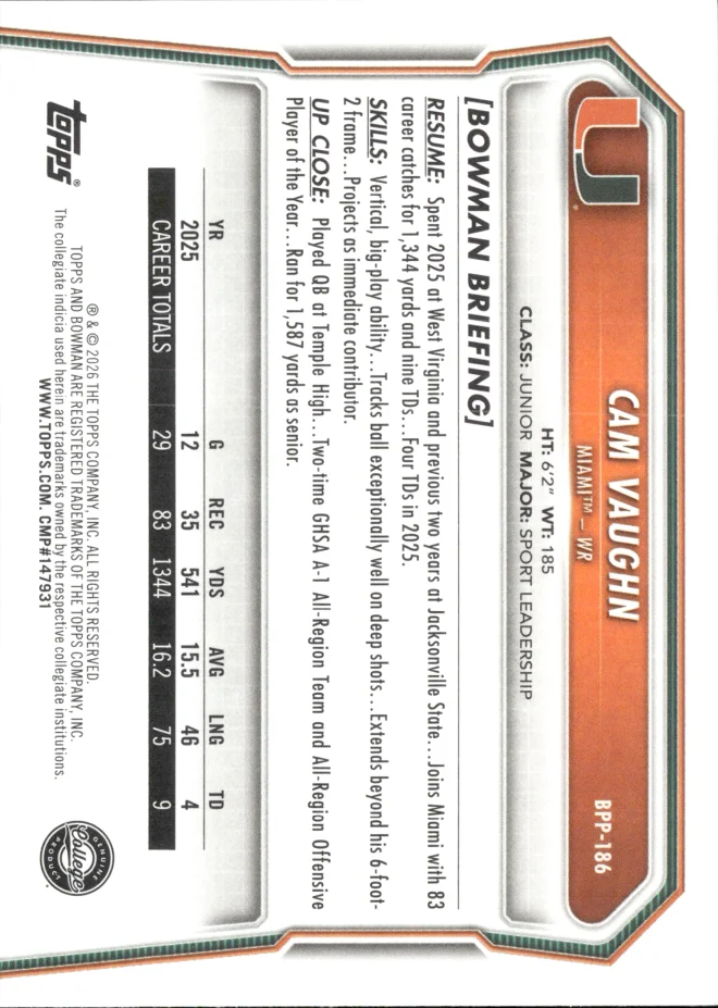 Cam Vaughn card back