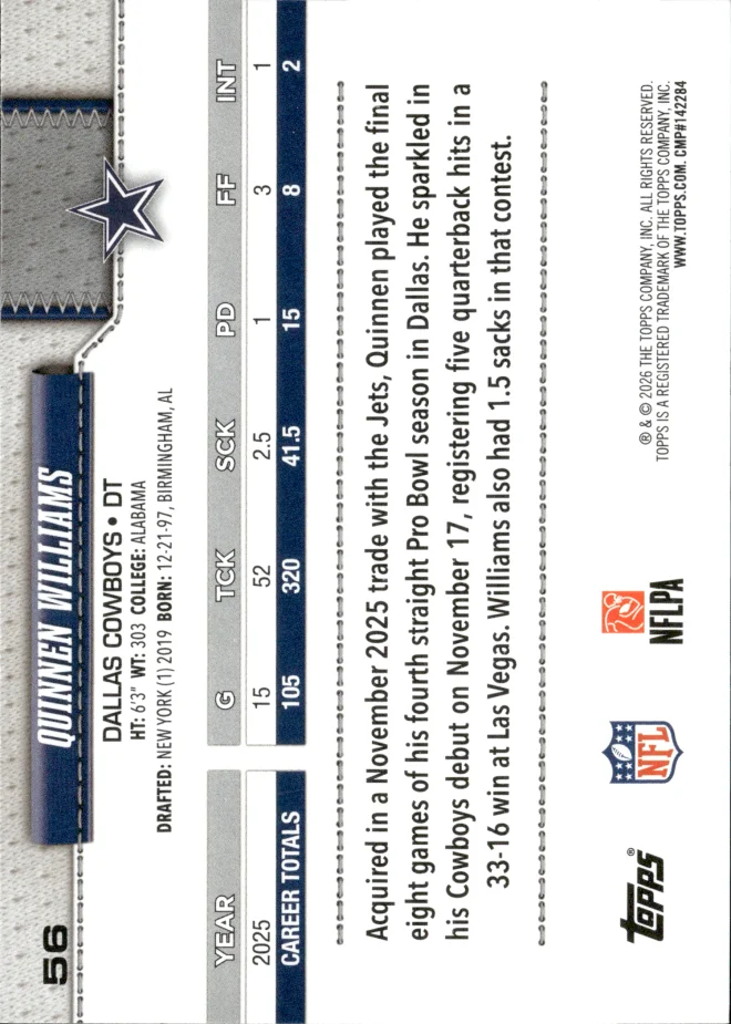 Quinnen Williams card back