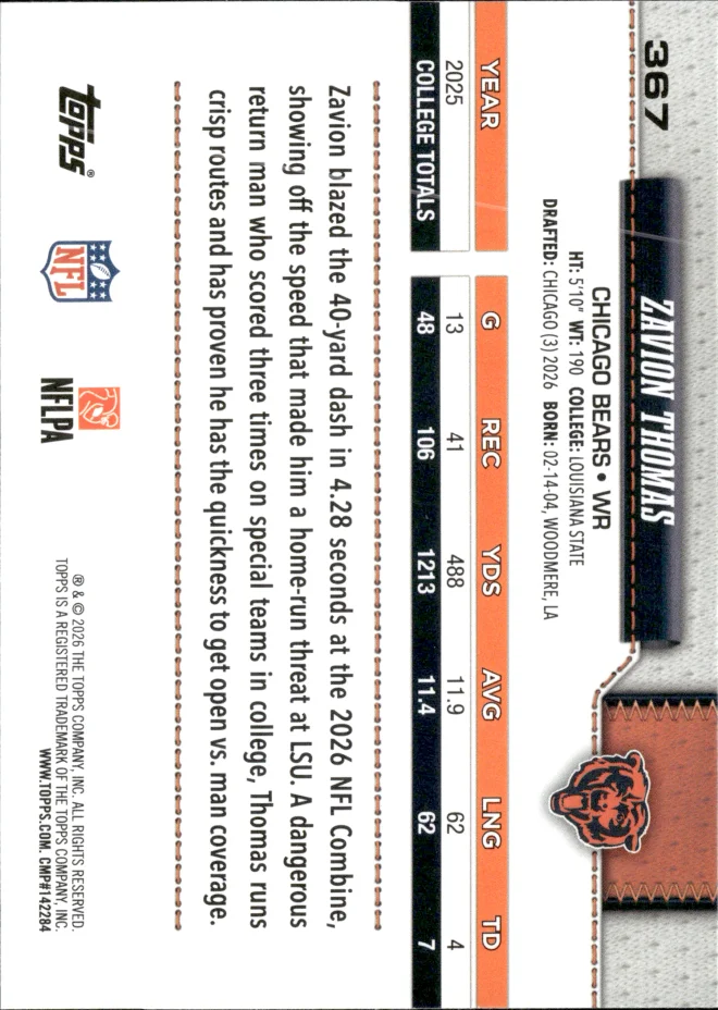 Zavion Thomas card back