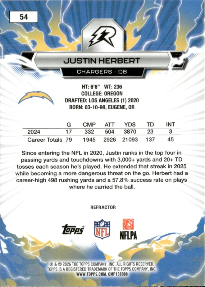 Justin Herbert card back