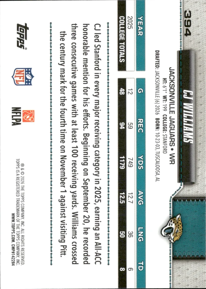 CJ Williams card back