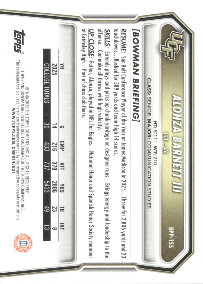 Alonza Barnett III card back