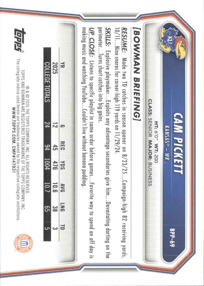 Cam Pickett card back