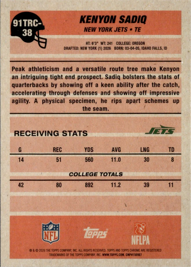 Kenyon Sadiq card back