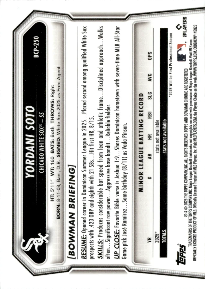 Yordani Soto card back