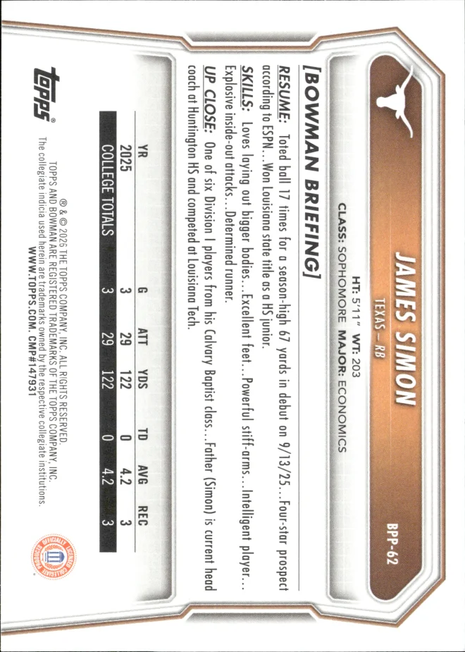 James Simon card back