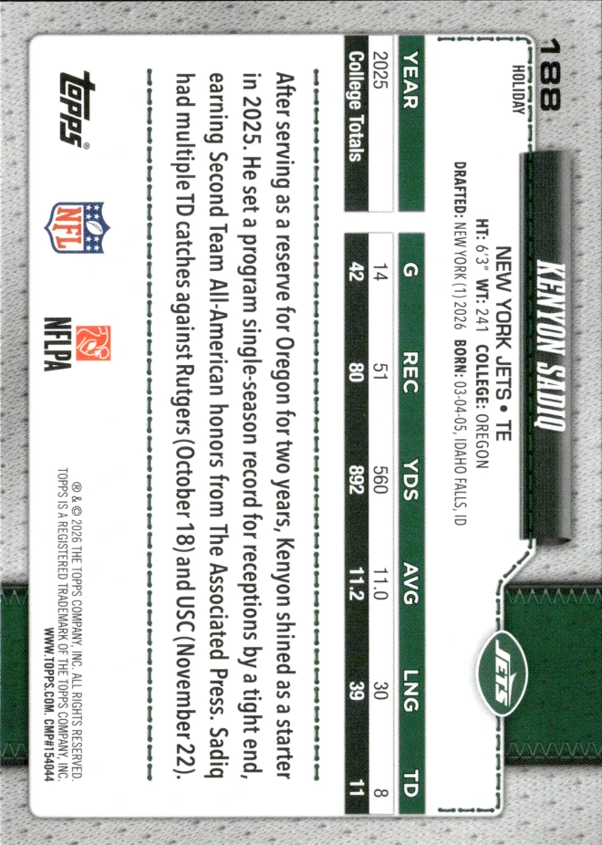 Kenyon Sadiq card back