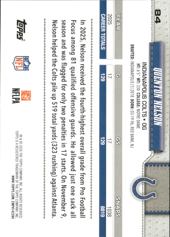Quenton Nelson card back