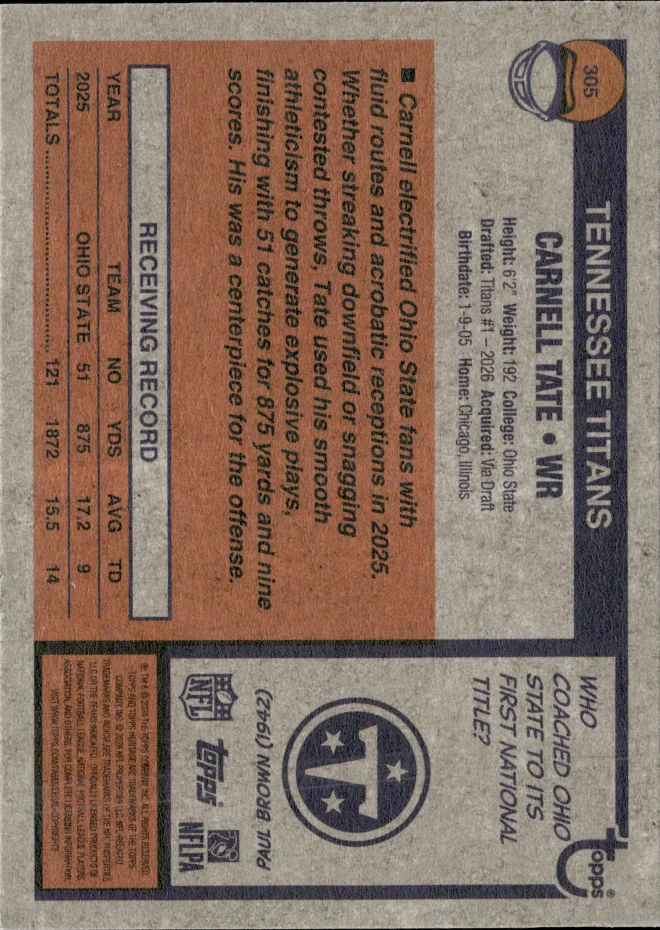 Carnell Tate card back