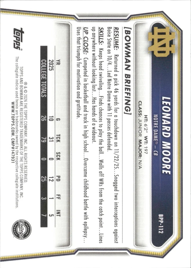 Leonard Moore card back