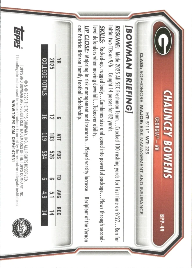 Chauncey Bowens card back