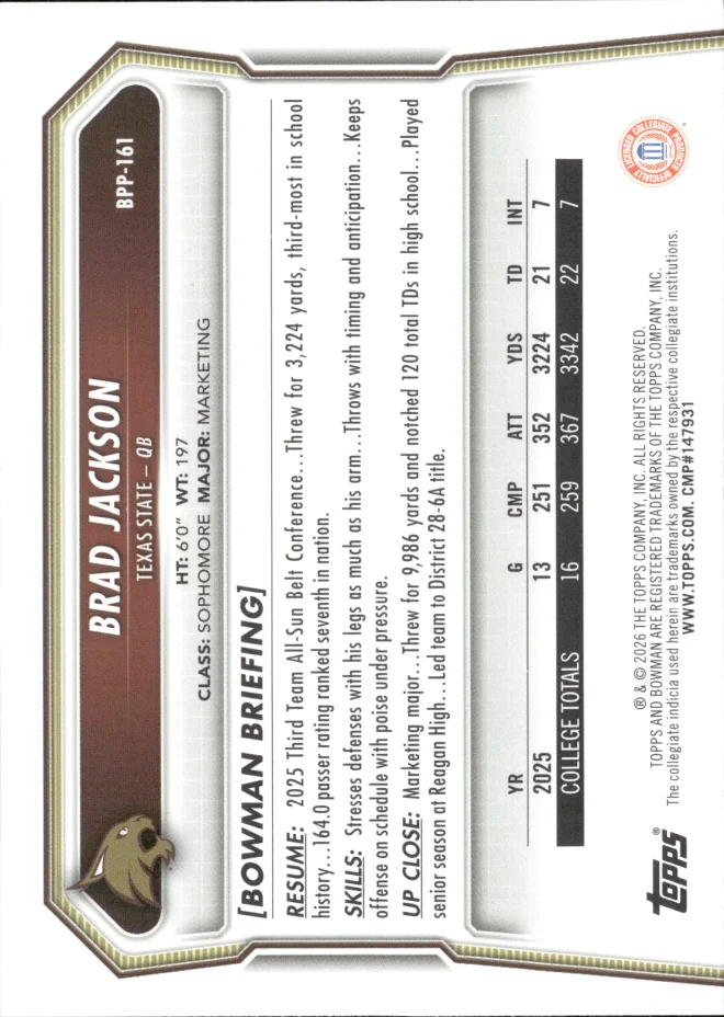 Brad Jackson card back