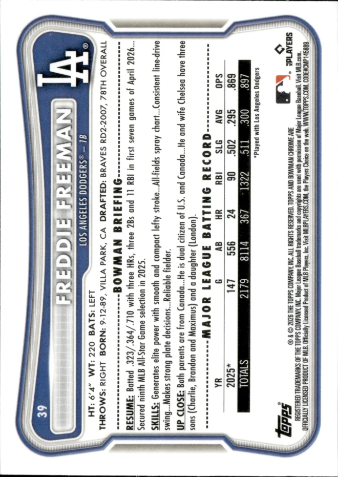 Freddie Freeman card back