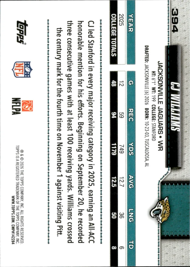 CJ Williams card back