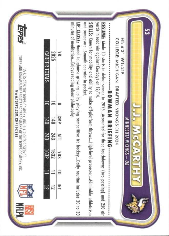 J.J. McCarthy card back