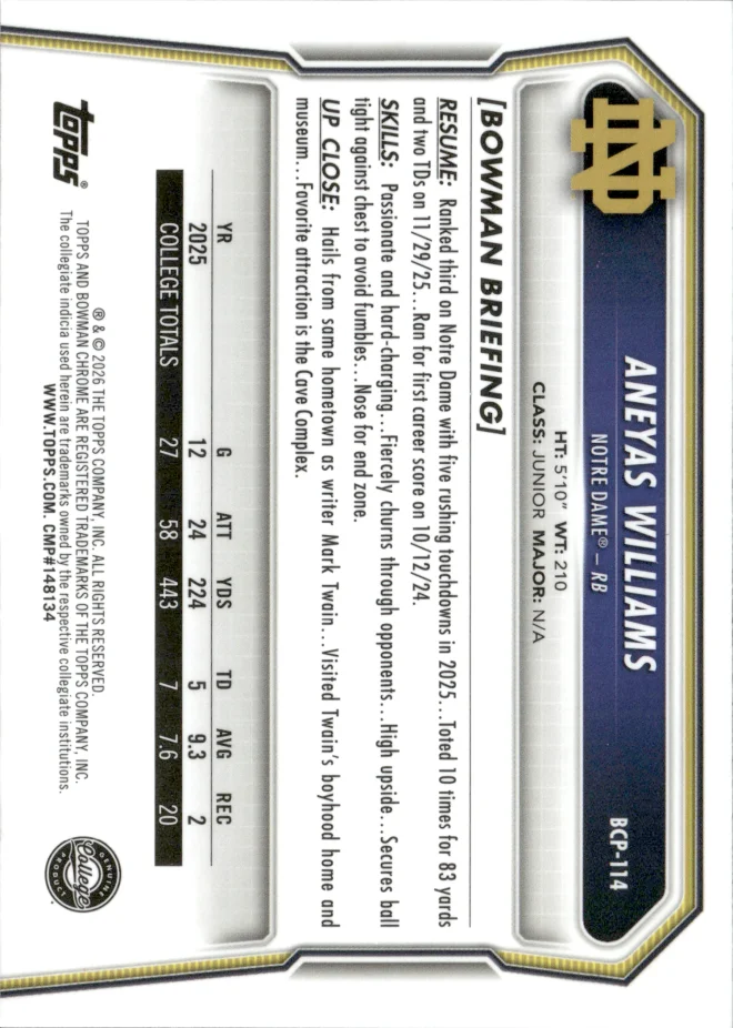 Aneyas Williams card back
