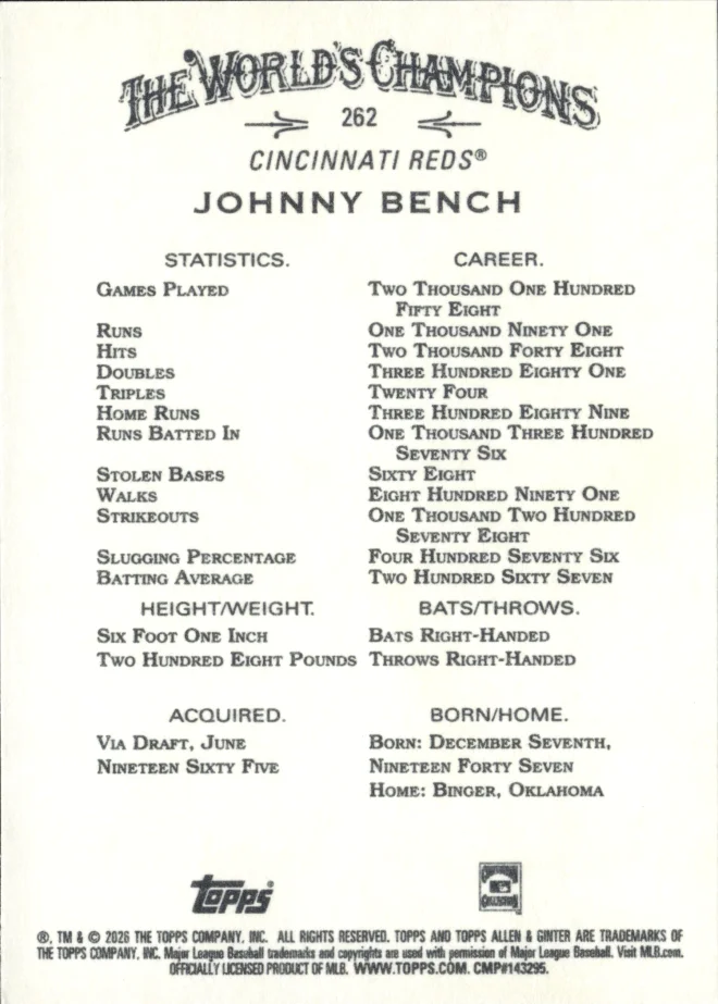 Johnny Bench card back