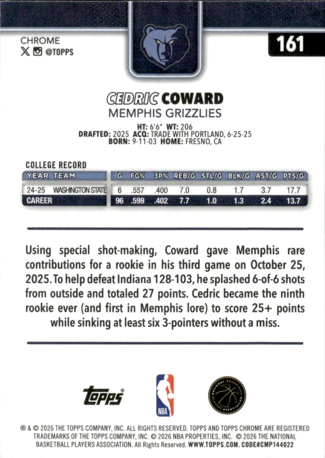 Cedric Coward card back