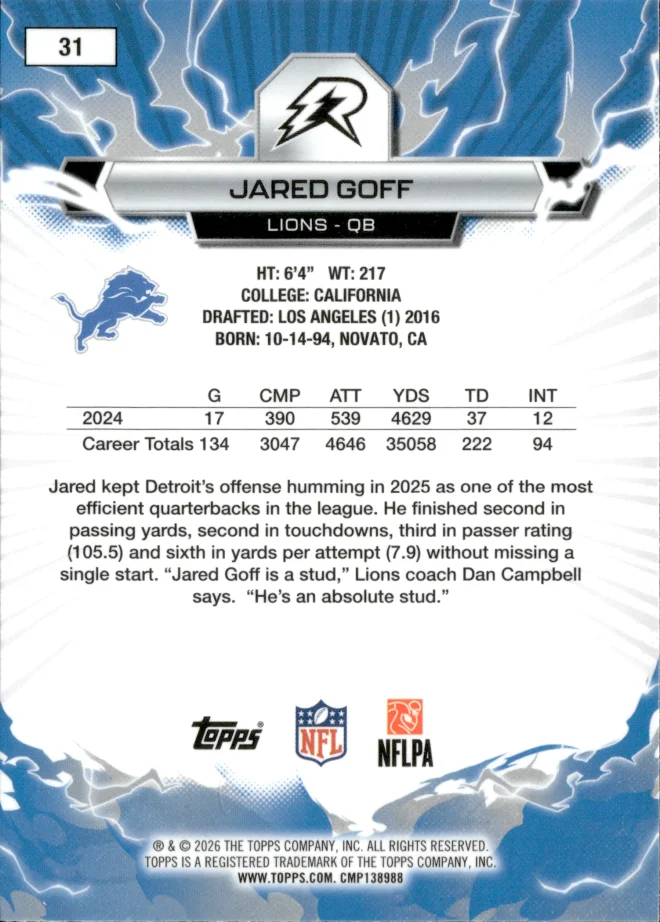 Jared Goff card back