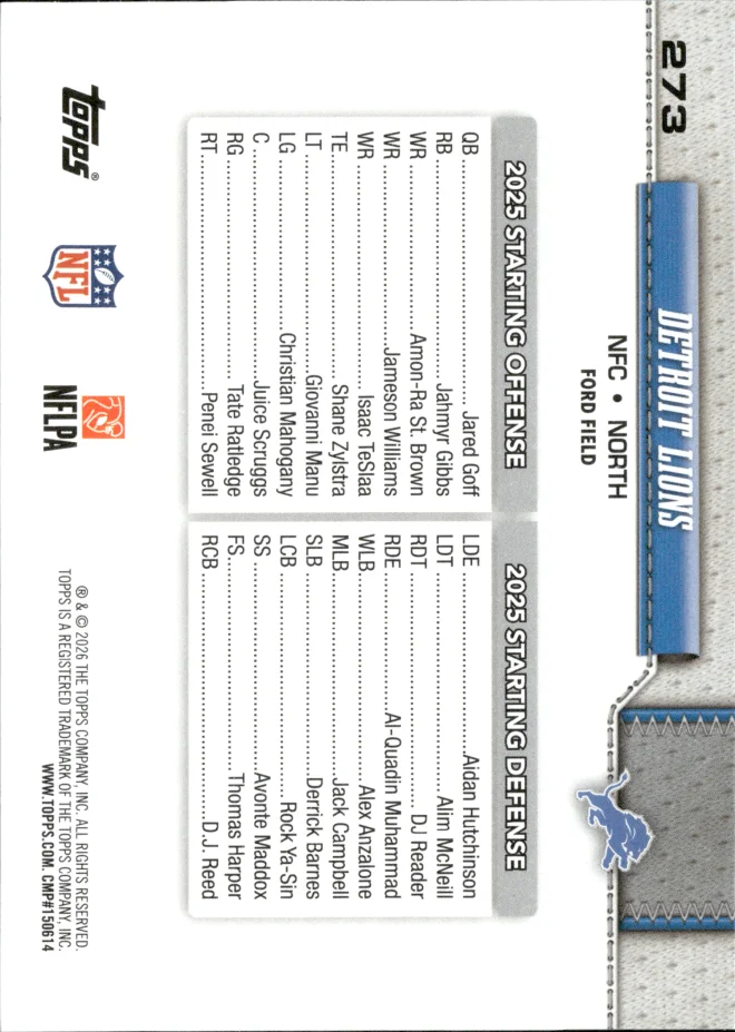 Detroit Lions card back