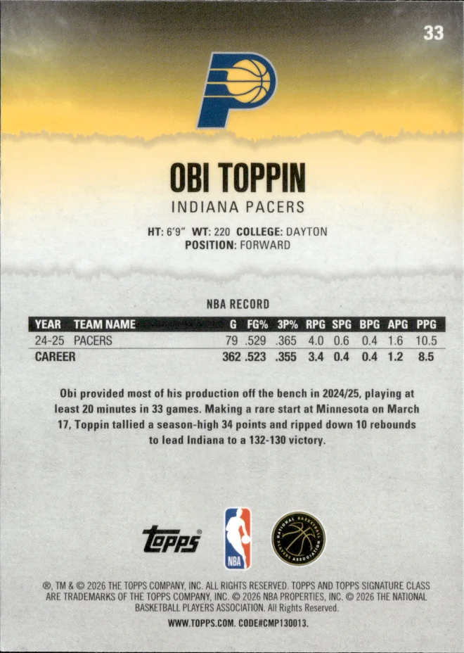 Obi Toppin card back